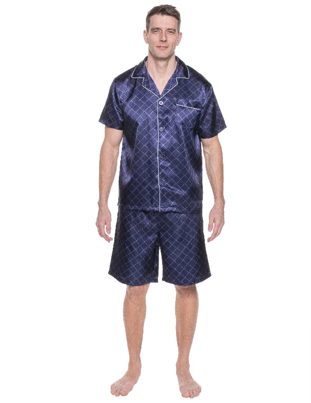 Year-End Clearance Mens Satin Short Sleepwear/Pajama Set - Diamond Windowpane Navy
