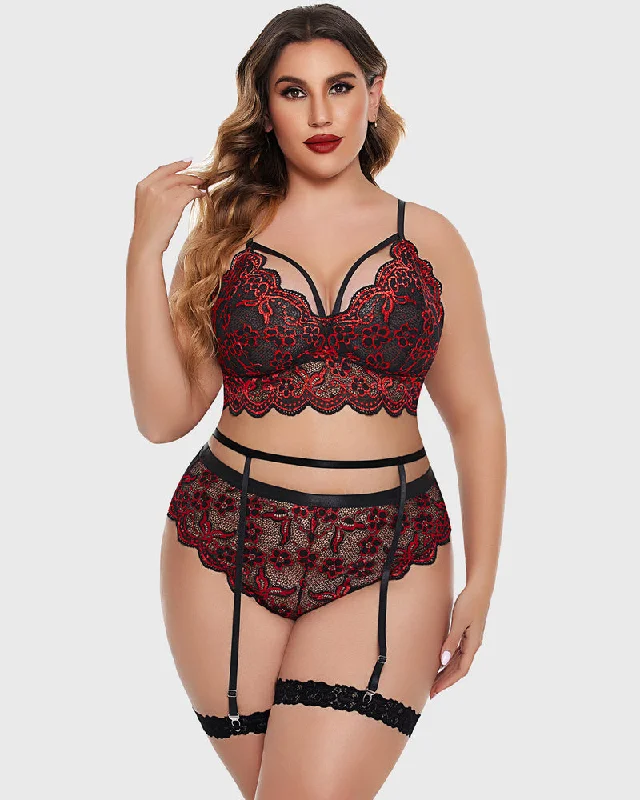 Plus Size Floral Lace Trim Bra High Waist Panties Set