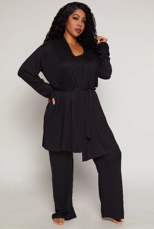 Weekend Deals That Sizzle Plus Size Ribbed Knit Pajama Tank Top and Pants with Robe
