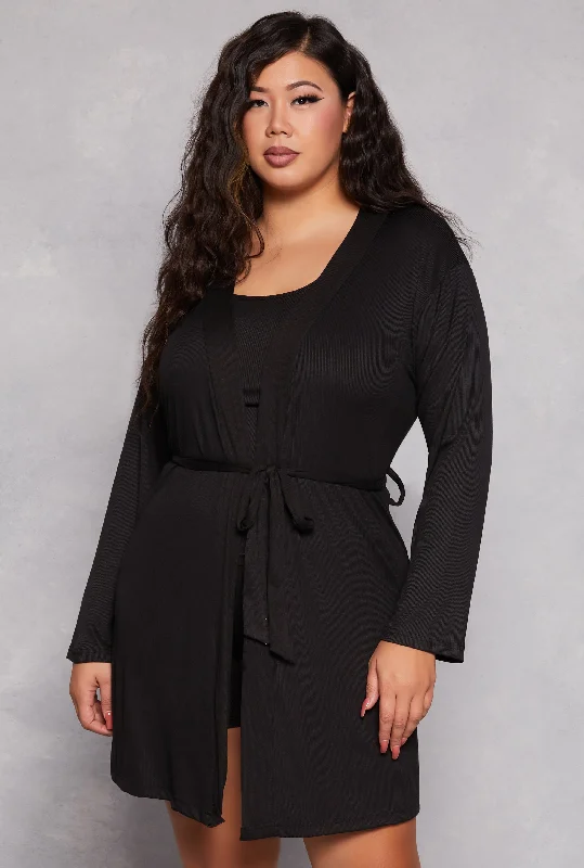 Exclusive Deal Plus Size Ribbed Knit Pajama Tank Top and Shorts with Robe