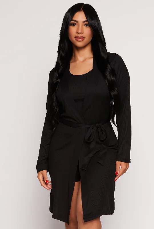 Deal Alert Ribbed Knit Cropped Pajama Tank Top and Shorts with Robe