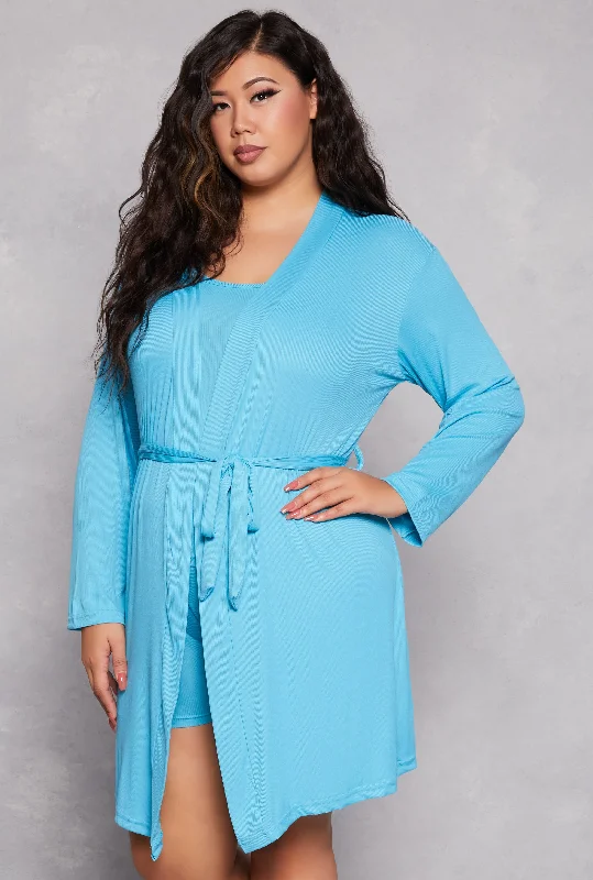 Price Drop Plus Size Ribbed Knit Pajama Tank Top and Shorts with Robe