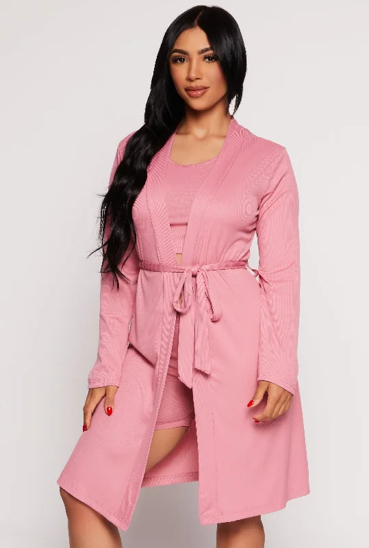 Discount Mania Ribbed Knit Cropped Pajama Tank Top and Shorts with Robe
