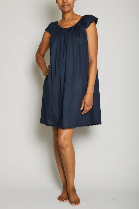 Now or Never Cotton Nightgown with Flower Trim-Royal Navy