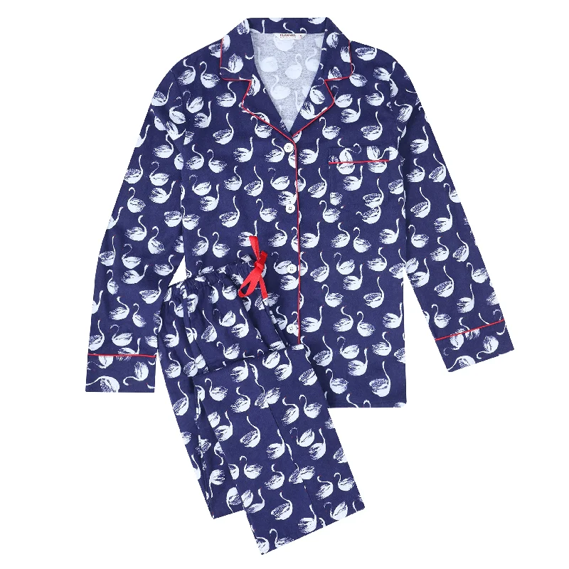 Shop the Weekend Away Flannel People Women Pajamas Set - 100% Cotton Flannel Pajamas Women Warm PJs Set - Swans Navy White