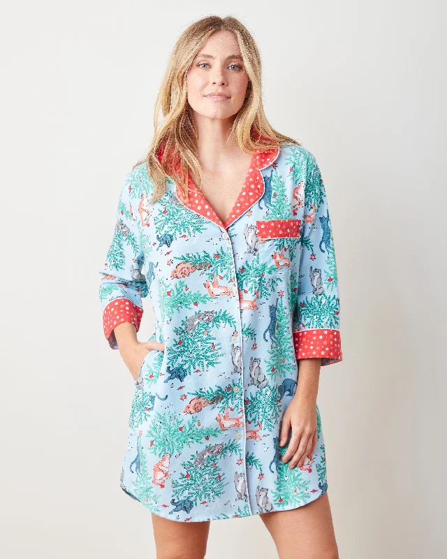 Weekend Bargains to Indulge In Frisky Firs - Flannel Sleep Shirt - Twinkling Blue