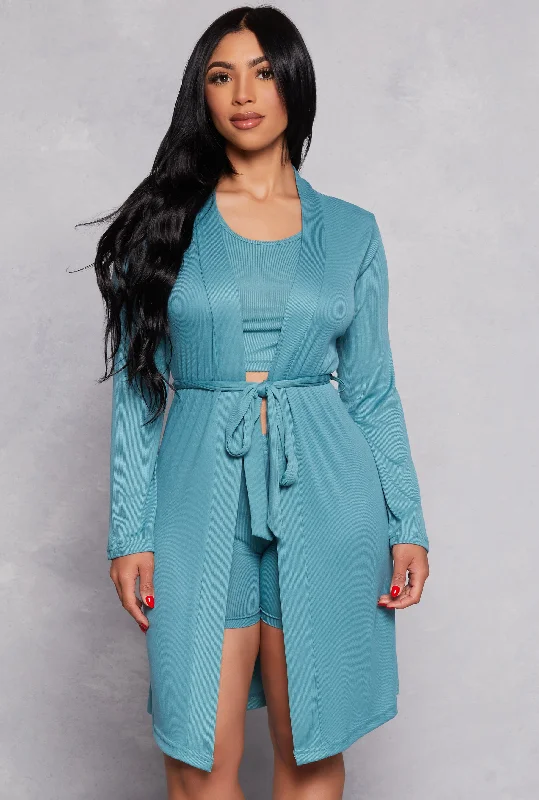 Bargain Alert Ribbed Knit Cropped Pajama Tank Top and Shorts with Robe