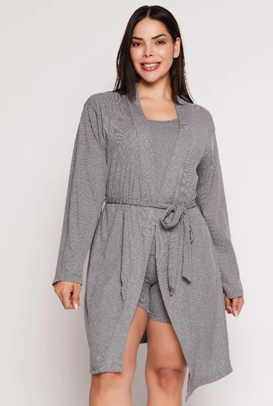 Limited Offer Plus Size Ribbed Knit Pajama Tank Top and Shorts with Robe