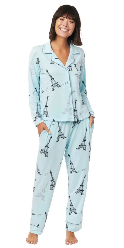 Weekend Savings Fiesta Long Sleeve Classic Knit Pajama Set - Tiffany Blue Eiffel Tower Print Weekend Savings Fiesta Long Sleeve Classic Knit Pajama Set - Tiffany Blue Eiffel Tower Print