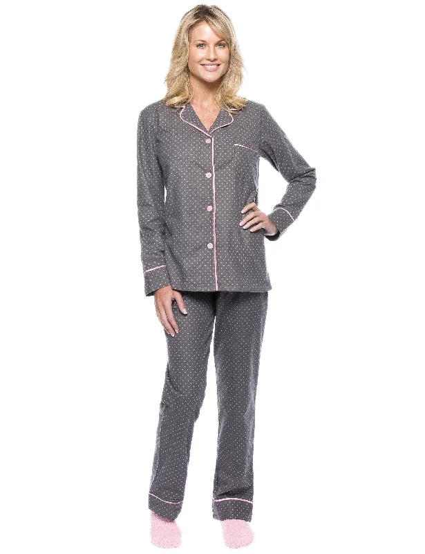 Weekend Discounts to Enjoy Womens Premium 100% Cotton Flannel Pajama Sleepwear Set - Pindots Charcoal-Pink