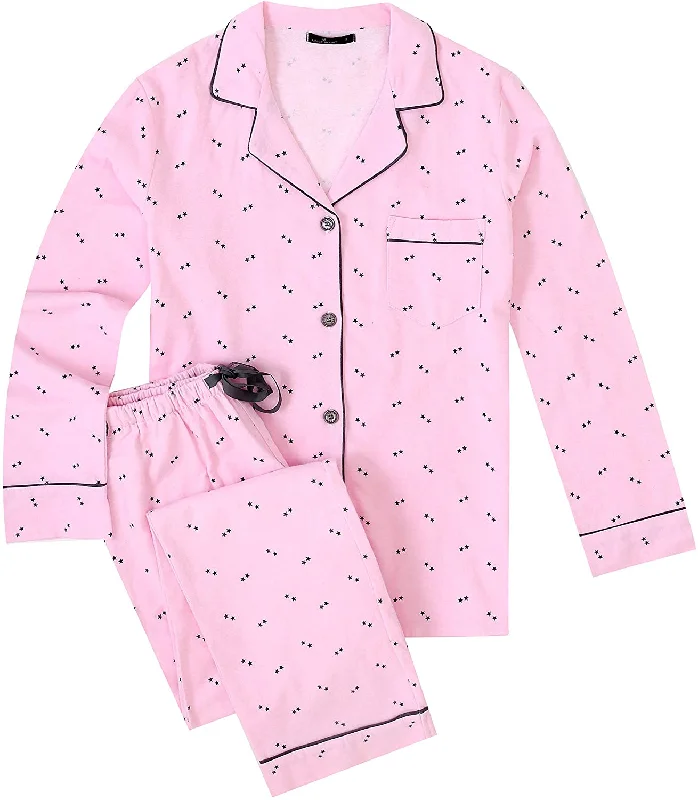Weekend Bargains to Indulge In Womens Premium 100% Cotton Flannel Pajama Sleepwear Set - Twinkle Pink-Grey
