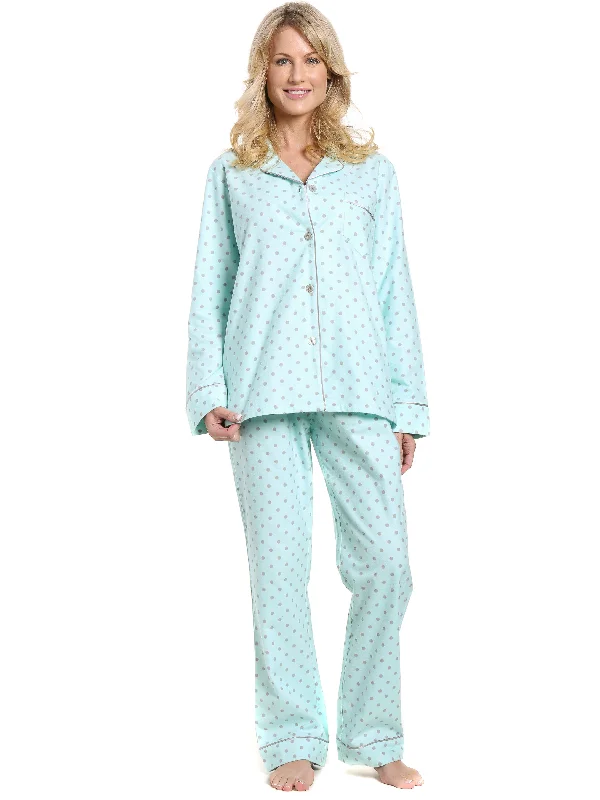Price Drop Womens Premium 100% Cotton Flannel Pajama Sleepwear Set - Dots Diva Aqua-Gray