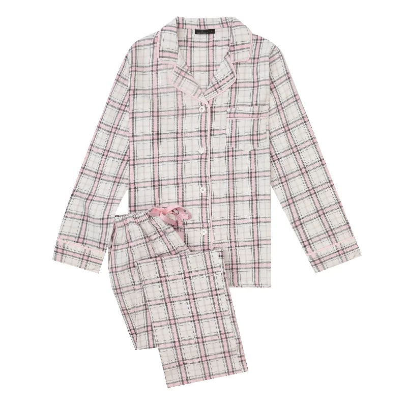 Weekend Savings Bonanza 2Pc Lightweight Flannel Womens Pajama Sets - Plaid Pink-White-Gray Weekend Savings Bonanza 2Pc Lightweight Flannel Womens Pajama Sets - Plaid Pink-White-Gray