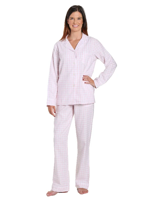 Great Bargain Womens Premium 100% Cotton Yarn Dyed Flannel Pajama Sleepwear Set - Gingham Pink-White
