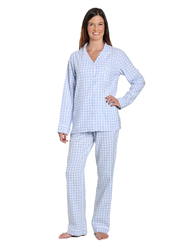 Early Bird Womens Premium 100% Cotton Yarn Dyed Flannel Pajama Sleepwear Set - Gingham Blue-White