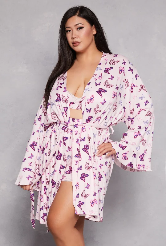 Year-End Sale Plus Size Butterfly Print Pajama Bralette and Shorts with Robe