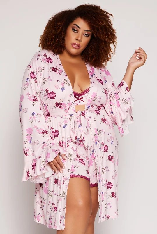 Super Deal Plus Size Floral Print Pajama Bralette and Shorts with Robe