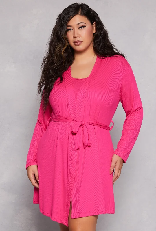 Steal Deal Plus Size Ribbed Knit Pajama Tank Top and Shorts with Robe