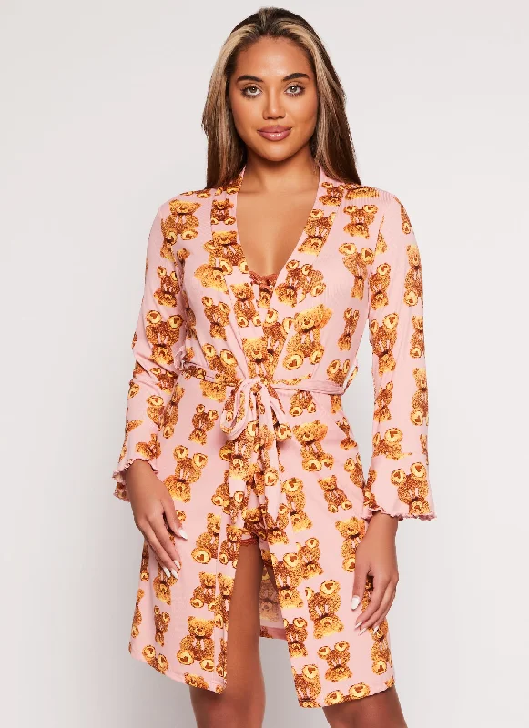 Weekend Savings Spectacular Teddy Bear Print Pajama Bralette and Shorts with Robe