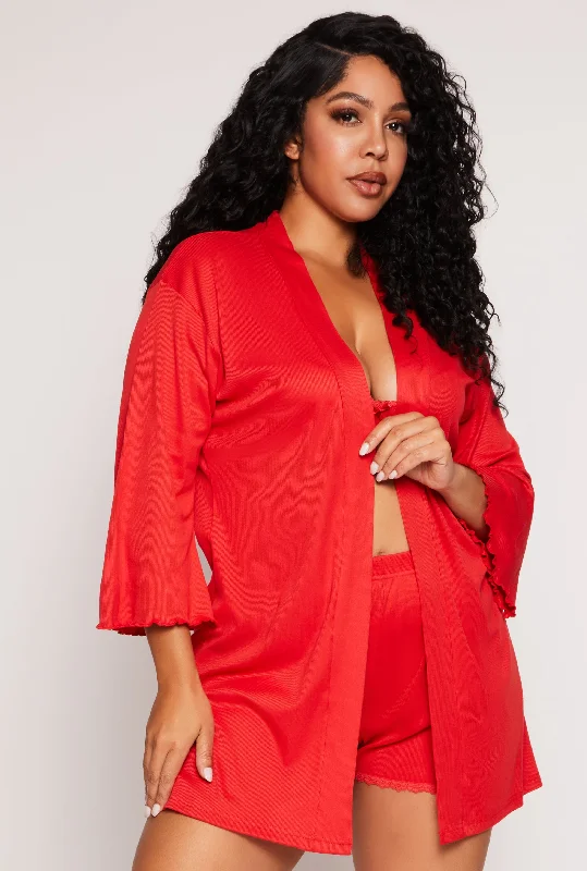 Can't Beat Plus Size Lace Trim Pajama Bralette and Shorts with Robe