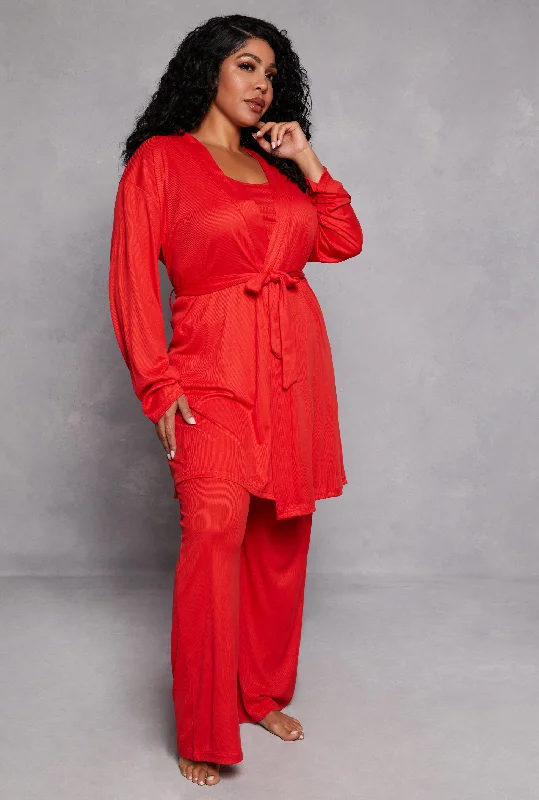 Big Savings Plus Size Ribbed Knit Pajama Tank Top and Pants with Robe