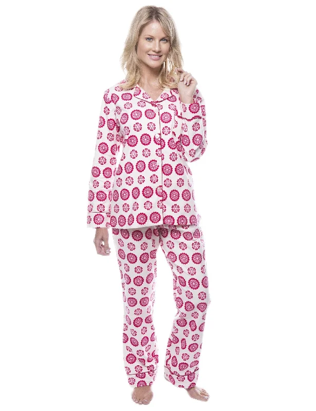 Now Available Women's 100% Cotton Flannel Pajama Sleepwear Set - Mandala Cream/Red