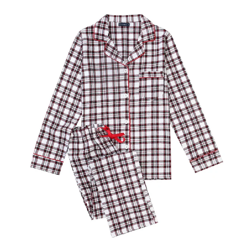Act Now Women's Cotton Lightweight Flannel Pajama Set - Plaid White-Black