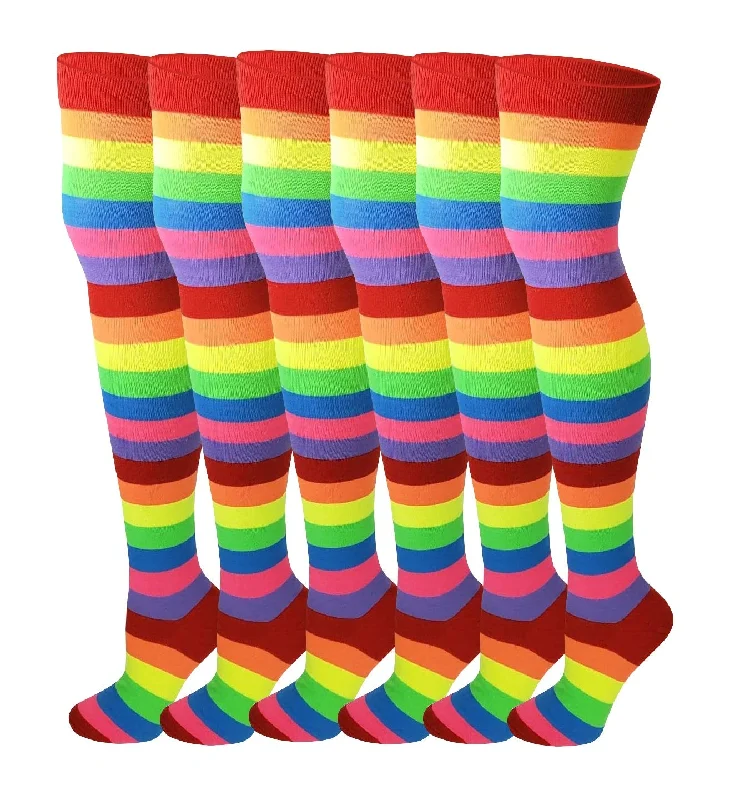 Half Price Thigh High Over the Knee Socks | Neon Rainbow Wide Stripes | Women (6 Pairs)