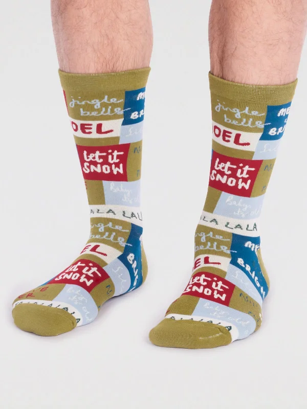 Weekend Deals That Please Caleb Organic Cotton Christmas Slogan Socks - Lichen Green
