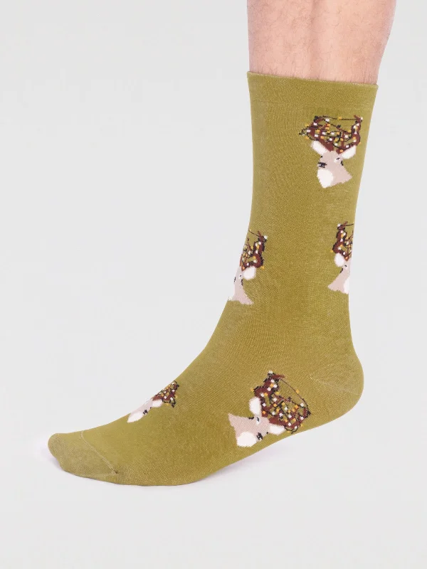 Weekend Deals That Dazzle Celyn Organic Cotton Christmas Stag Socks - Lichen Green