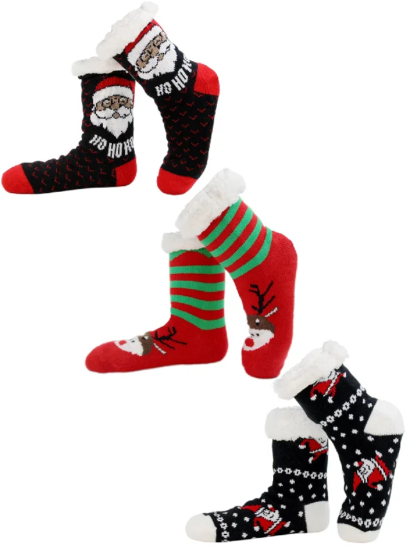Stock Up Christmas Holiday Reindeer and Santas Faux Sherpa Slipper Socks For Women