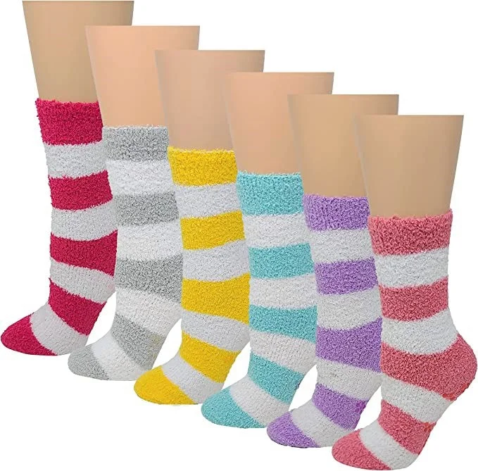 Exclusive Deal Non-Skid Home Slipper Socks | Super Soft Stripes Design | Women (6 Pairs)
