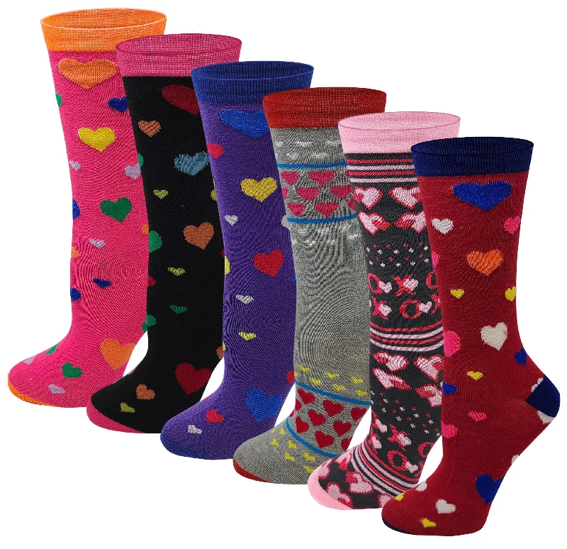 Take Action Women 6 Pairs Hearts Design Novelty Crew Socks