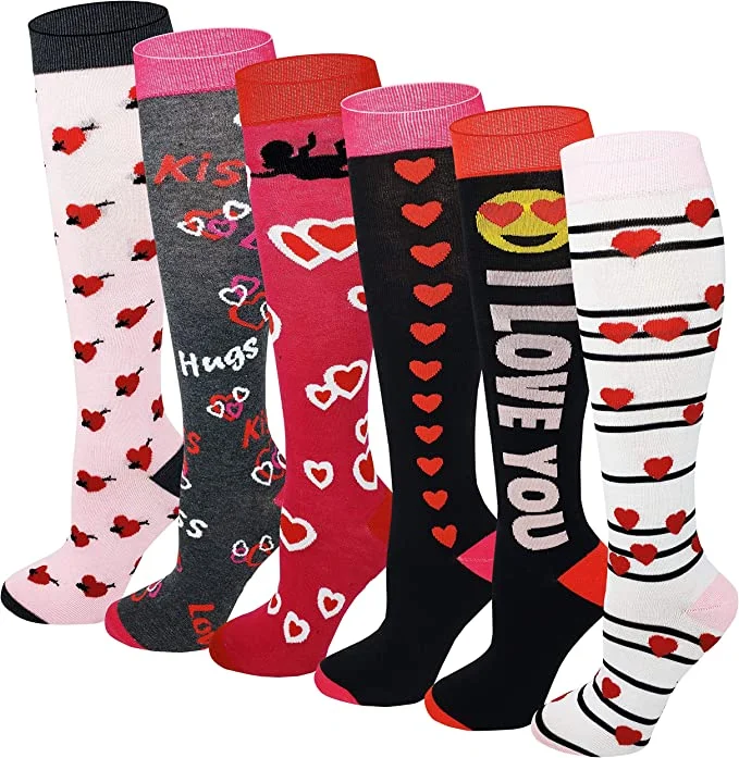 Low Cost Knee High Socks | Fancy Valentine's Day | Women's (6 Pairs)
