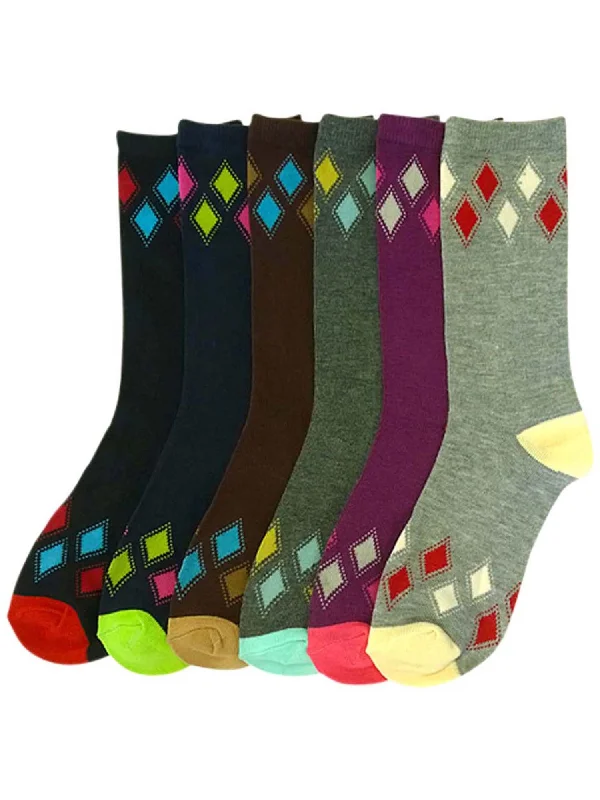 New Deal Diamond Pattern Womens Multicolor 6 Pack Crew Socks