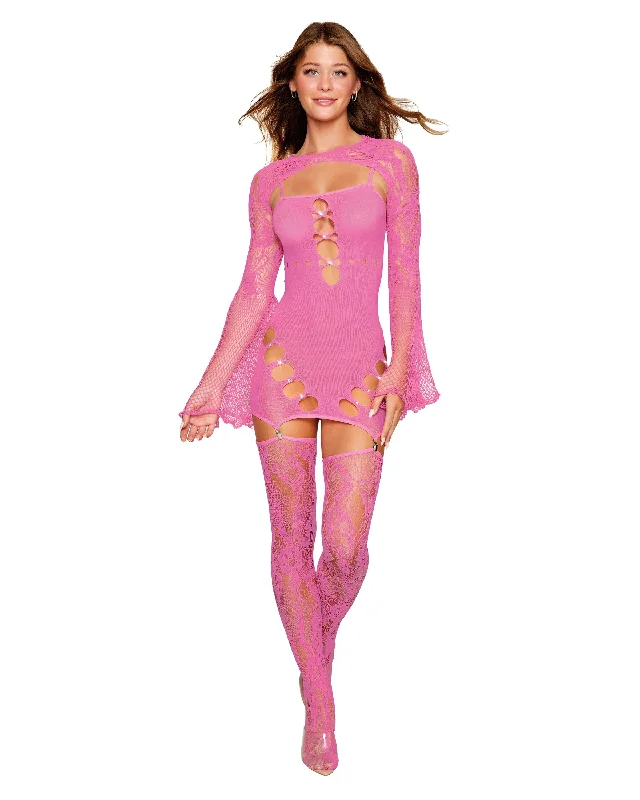 Deep Savings Fashionable pink fishnet dress with stockings