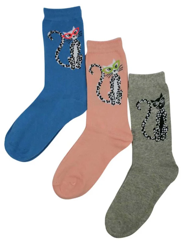 Massive Deal French Feline Cat Print 3 Pack Womens Crew Socks