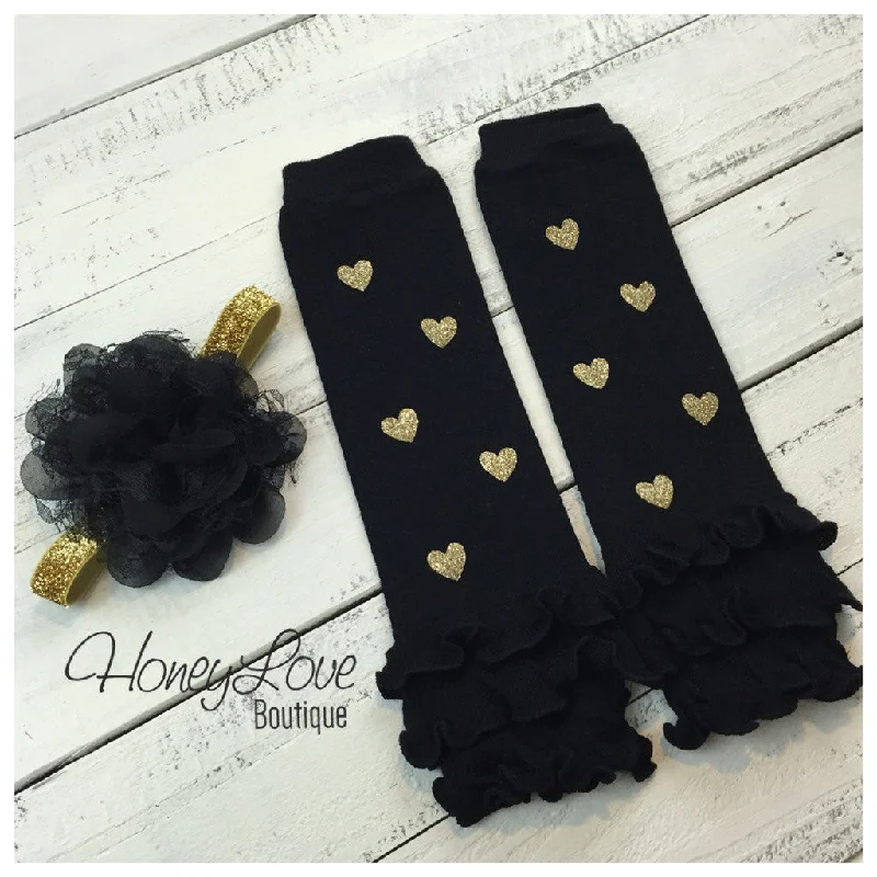 Stock Clearance Black Leg Warmers with Gold Glitter Hearts and matching headband