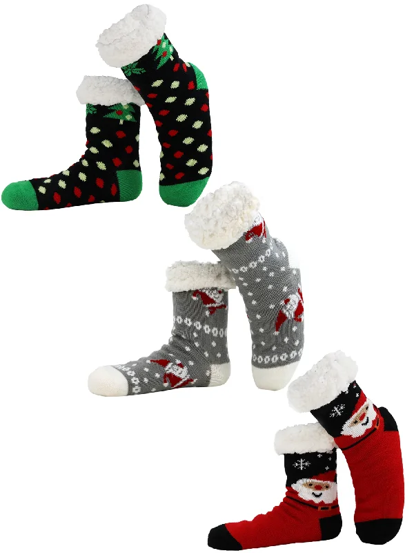 Take Action Holiday Christmas Tree and Santas Faux Sherpa Slipper Socks For Women