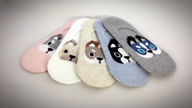 Weekend Specials to Relish My Pups, 5 Pairs Cute Dog Print Nonslip No Show Women Socks