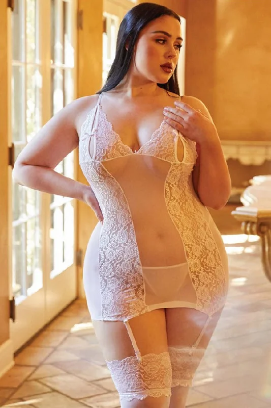 Weekend Offers That Shine Plus White Infatuating Floral Fishnet Bodystocking w/ Thong