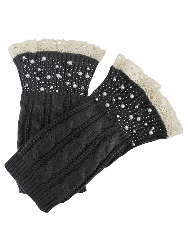 Weekend Deals That Spark Gray Rhinestone Pearl & Lace Trim Leg Warmer Boot Cuffs