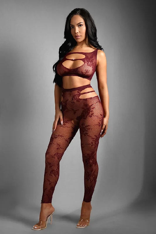 Weekend Deals That Wow Sexy Burgundy Cutout Lace Net Top with Rhinestone Accent and Footless Open Crotch Tights