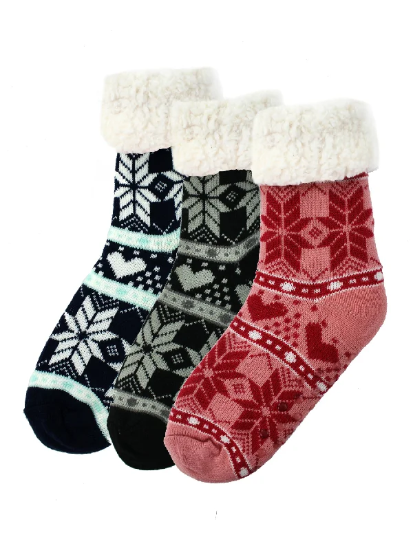 Price Drop Winter Snowflake Anti Skid 3 Pack Faux Sherpa Slipper Socks For Women