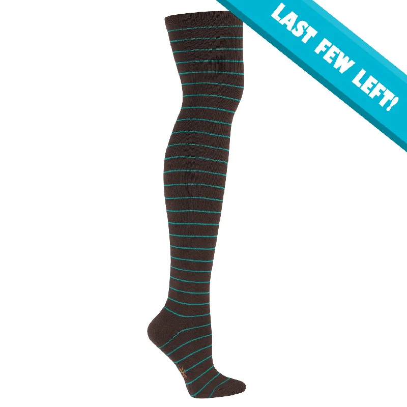 Price Slash Sock It To Me Women's Over the Knee Socks - Brown & Teal Striped