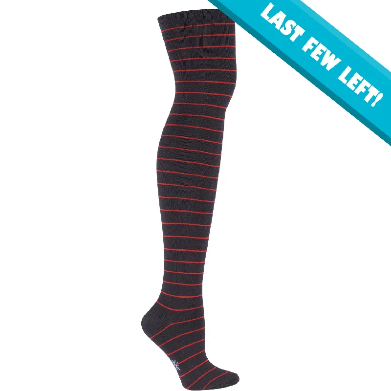 Quick Deals Sock It To Me Women's Over the Knee Socks - Navy & Red Striped