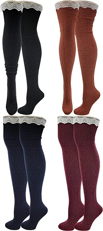 Best Seller Thigh High Wool Boot Socks | Winter Cable Knit Lace on Top | Women ( 4 Pairs )