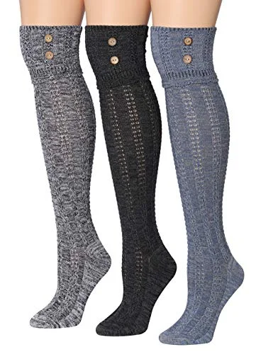 Amazing Value Tipi Toe Women's 3-Pairs Winter Warm Knee High / Over The Knee With Buttons Cotton-Blend Boot Socks