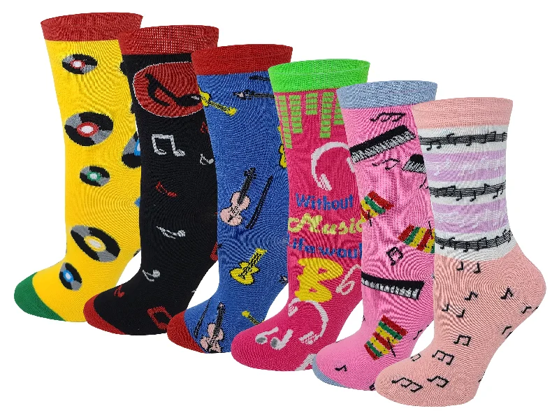 Midnight Madness Women 6 Pairs Pack Music Design Novelty Crew Socks
