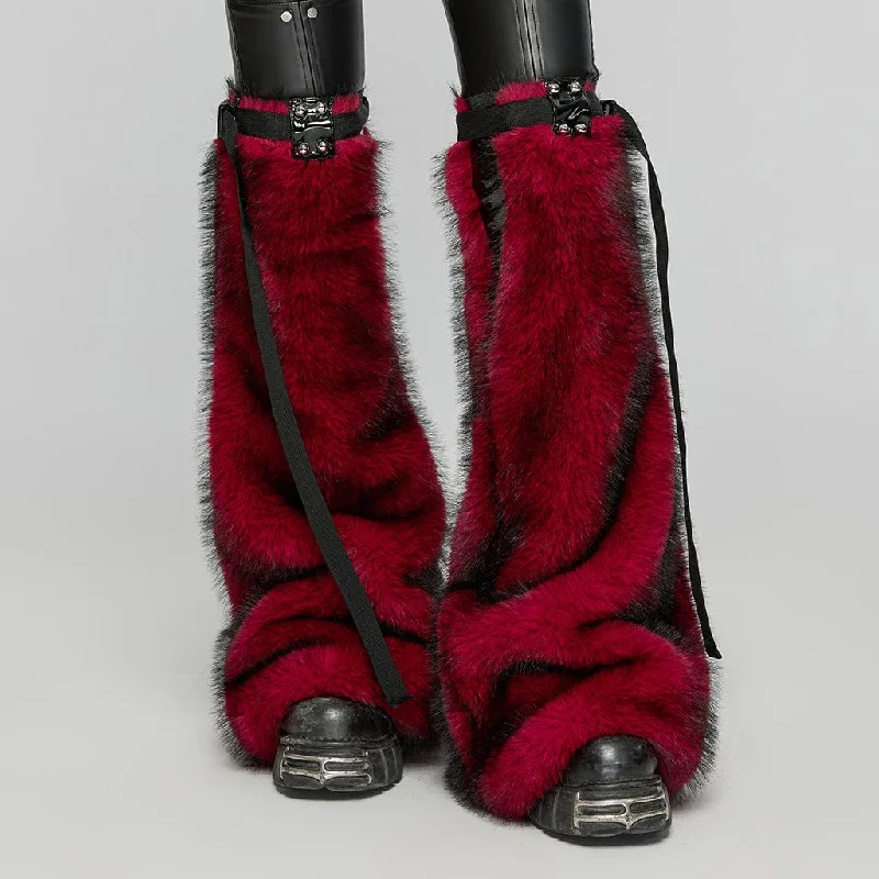 Weekend Bargains to Sizzle Women's Punk Buckle Faux Fur Leg Warmers Red